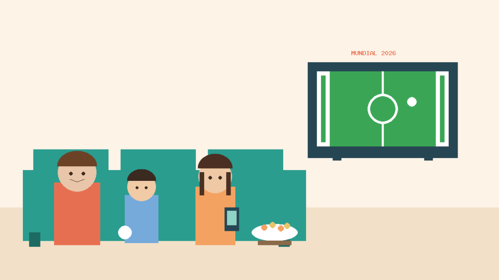Mama con sus hijos mirando un partido del Mundial 2026 en el sillon de casa