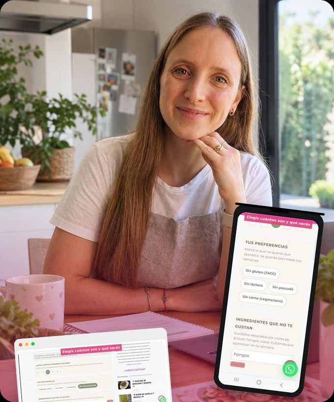 Ale con el menú semanal armado, mostrando la app en el celular y en la compu