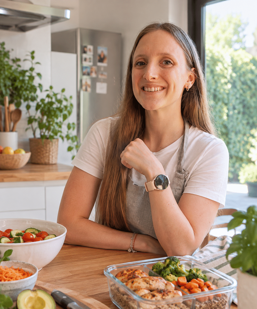 Ale, de Soy Mamá Full Time, en su cocina con comida lista para la semana